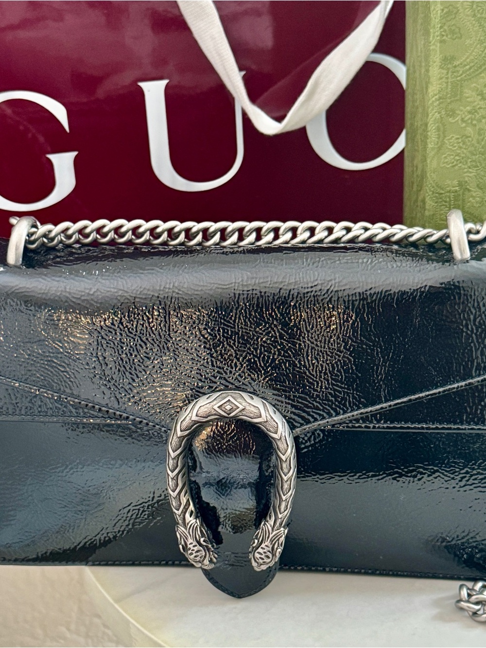 Gucci Black Dionysus Patent Leather Bag with Silver Chain